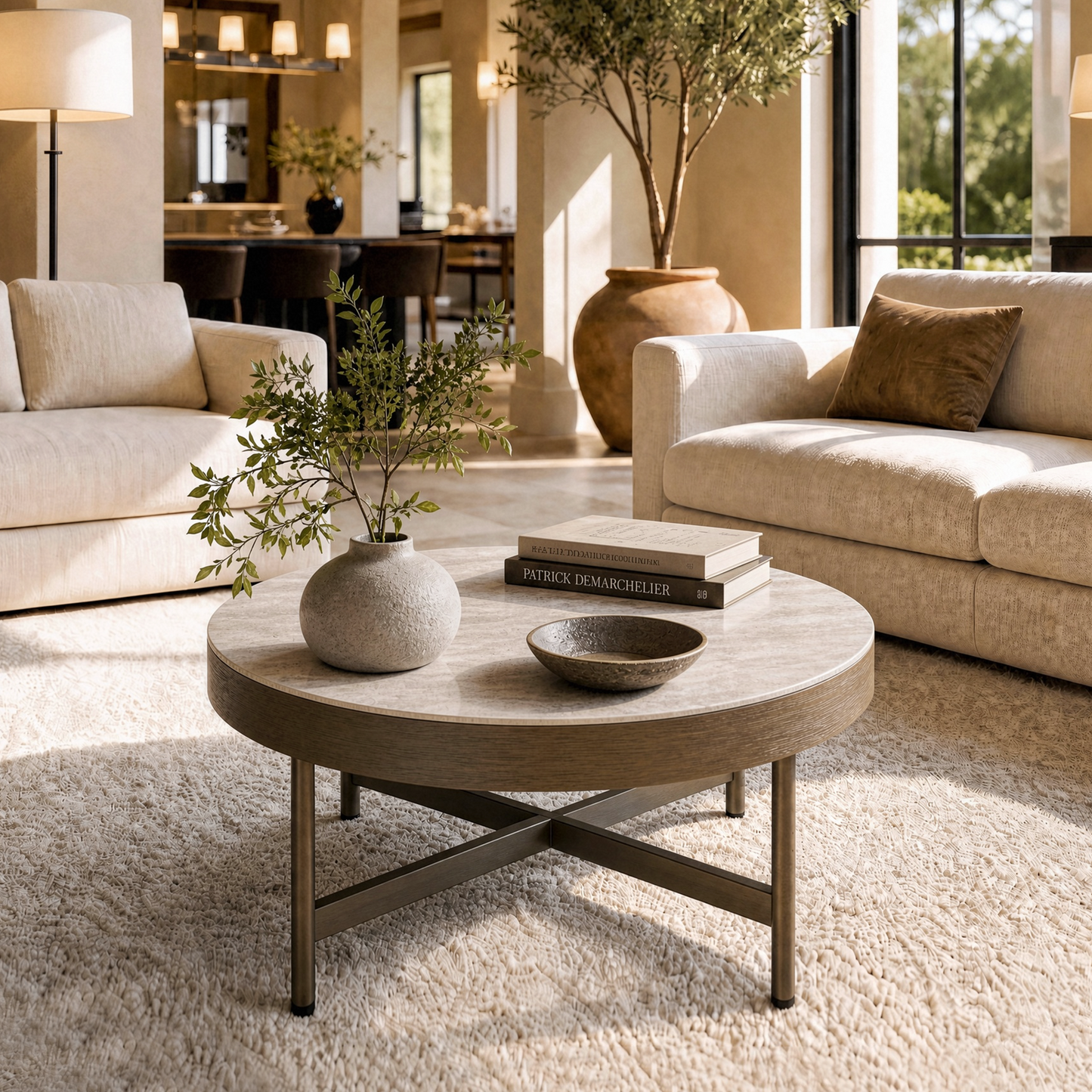 [Pre-Sale] 31.5-Inch Wide Round Coffee Table with Travertine-Look Sintered Stone Top, Wood Veneer Edge and Brown Metal X-Frame