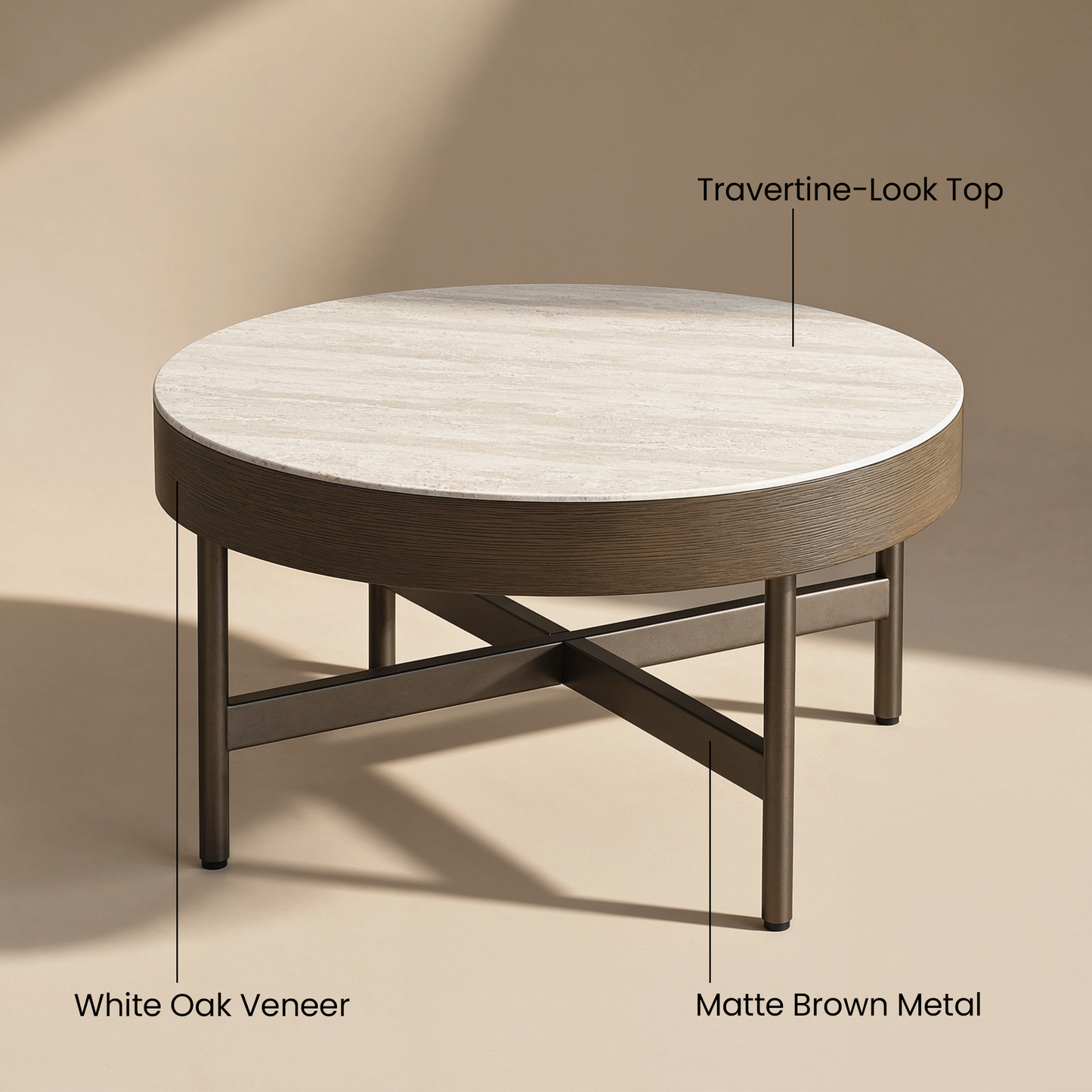 [Pre-Sale] 31.5-Inch Wide Round Coffee Table with Travertine-Look Sintered Stone Top, Wood Veneer Edge and Brown Metal X-Frame