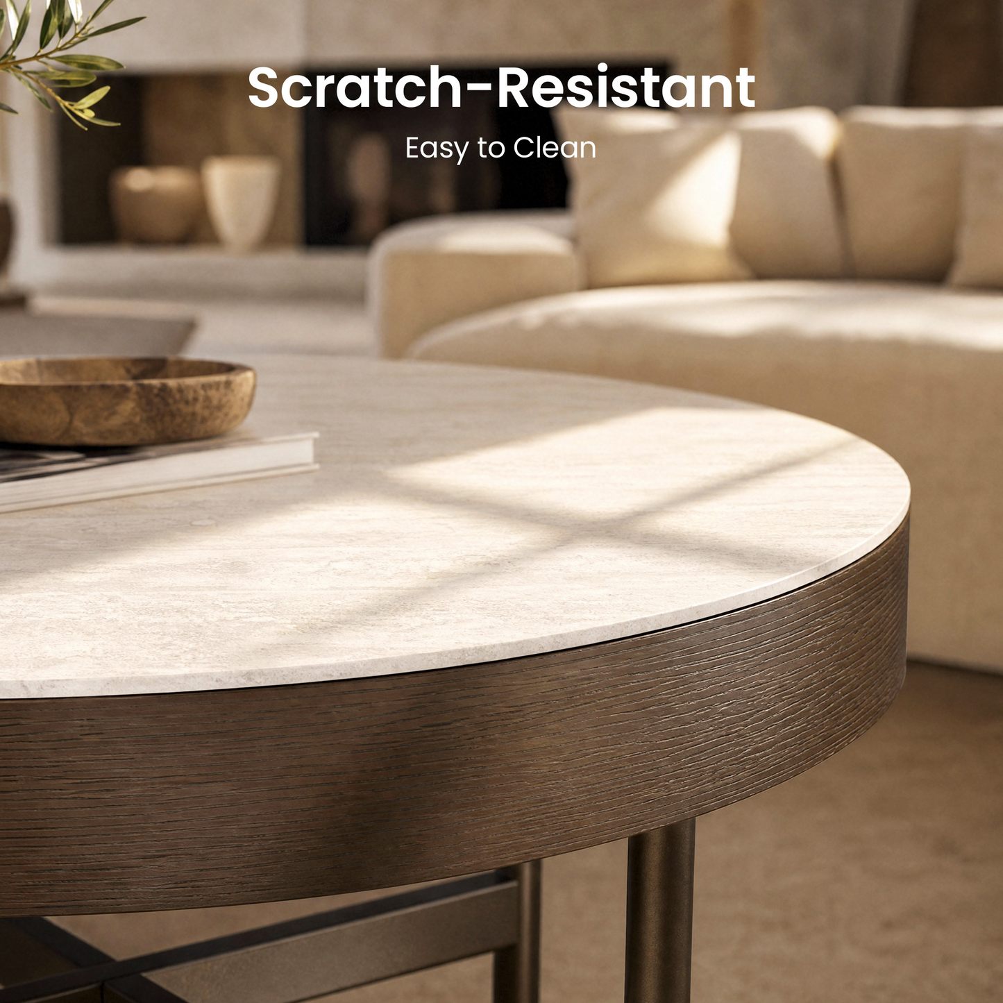 [Pre-Sale] 31.5-Inch Wide Round Coffee Table with Travertine-Look Sintered Stone Top, Wood Veneer Edge and Brown Metal X-Frame