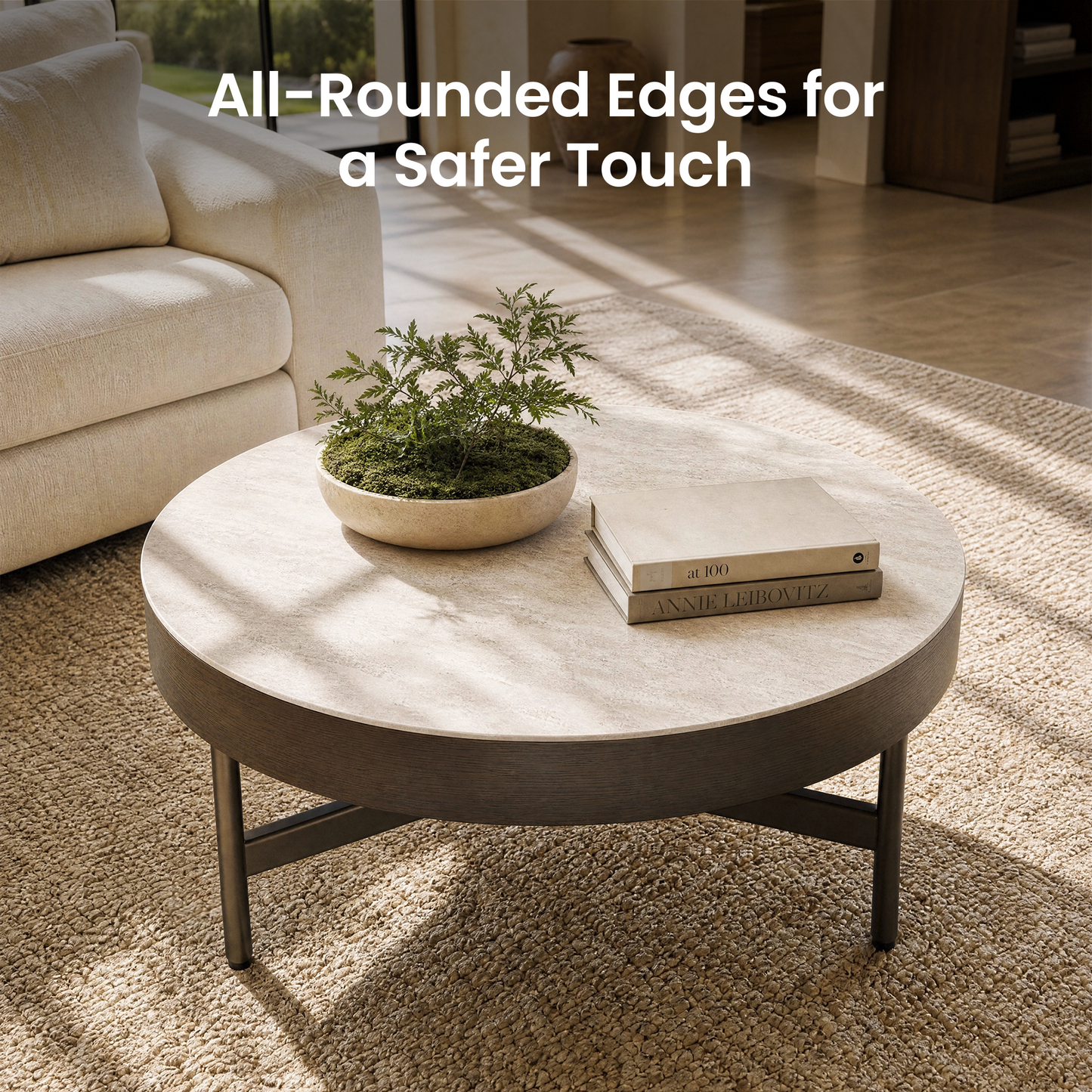 [Pre-Sale] 31.5-Inch Wide Round Coffee Table with Travertine-Look Sintered Stone Top, Wood Veneer Edge and Brown Metal X-Frame