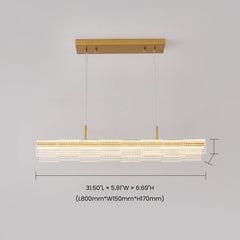 Dimension diagram of a gold-colored linear pendant light with overlapping rectangular panels dotted with glowing circles, suspended by thin wires from a rectangular ceiling mount.