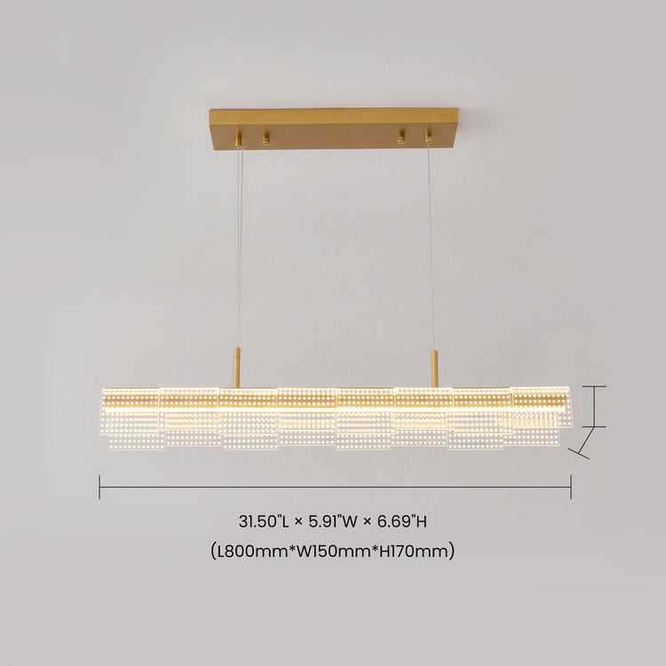 Dimension diagram of a gold-colored linear pendant light with overlapping rectangular panels dotted with glowing circles, suspended by thin wires from a rectangular ceiling mount.