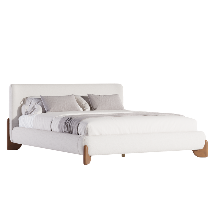 Solid Wood Leg Upholstered Bed, Queen Size Wingback Frame - Beige
