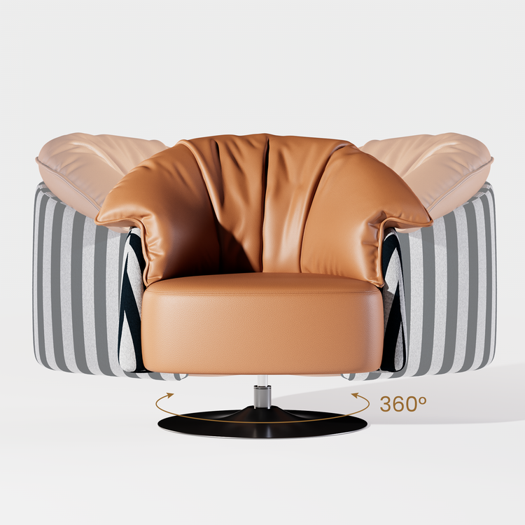 [Pre-Sale] 36.6-Inch Wide Sculptural 360-Degree Swivel Accent Chair - Caramel PU Leather with Black-and-White Striped Cotton-Linen