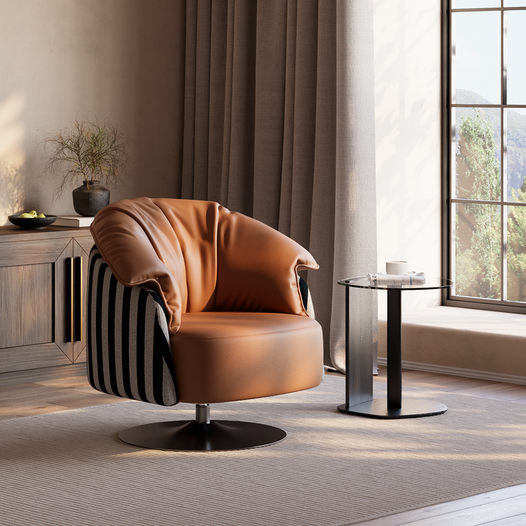 [Pre-Sale] 36.6-Inch Wide Sculptural 360-Degree Swivel Accent Chair - Caramel PU Leather with Black-and-White Striped Cotton-Linen