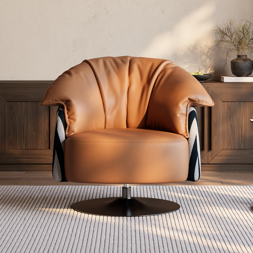 [Pre-Sale] 36.6-Inch Wide Sculptural 360-Degree Swivel Accent Chair - Caramel PU Leather with Black-and-White Striped Cotton-Linen