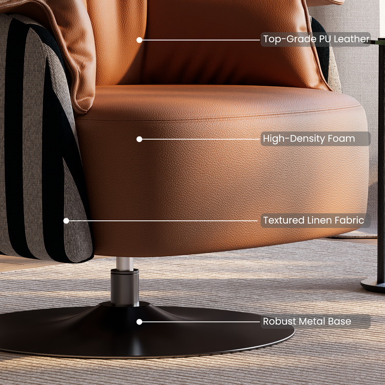 [Pre-Sale] 36.6-Inch Wide Sculptural 360-Degree Swivel Accent Chair - Caramel PU Leather with Black-and-White Striped Cotton-Linen