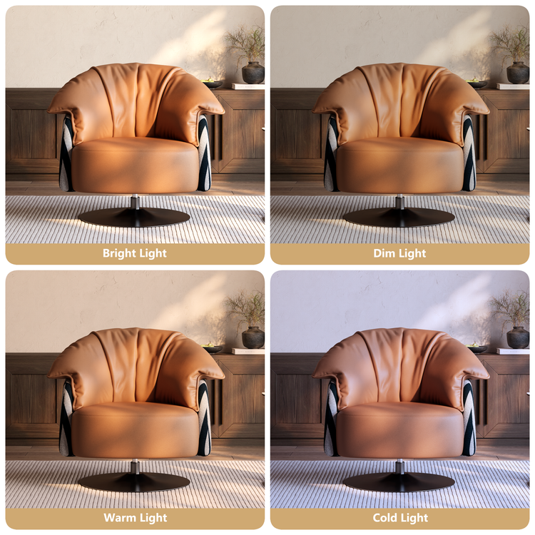 [Pre-Sale] 36.6-Inch Wide Sculptural 360-Degree Swivel Accent Chair - Caramel PU Leather with Black-and-White Striped Cotton-Linen