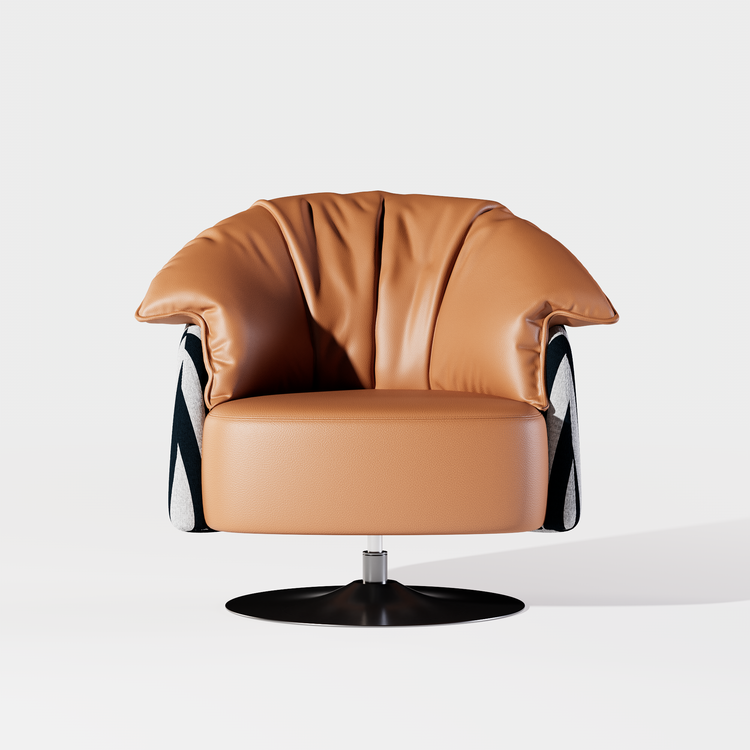 [Pre-Sale] 36.6-Inch Wide Sculptural 360-Degree Swivel Accent Chair - Caramel PU Leather with Black-and-White Striped Cotton-Linen