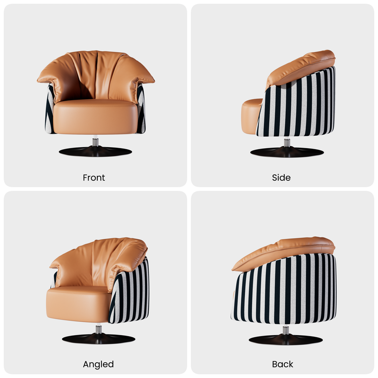 [Pre-Sale] 36.6-Inch Wide Sculptural 360-Degree Swivel Accent Chair - Caramel PU Leather with Black-and-White Striped Cotton-Linen