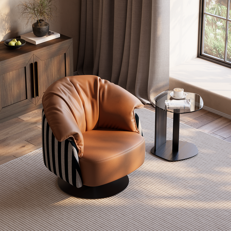[Pre-Sale] 36.6-Inch Wide Sculptural 360-Degree Swivel Accent Chair - Caramel PU Leather with Black-and-White Striped Cotton-Linen