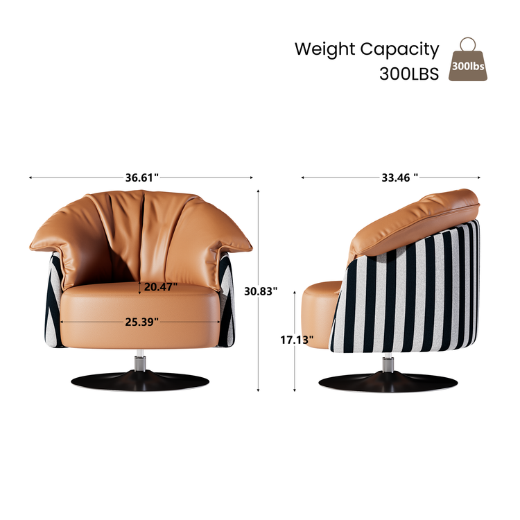 [Pre-Sale] 36.6-Inch Wide Sculptural 360-Degree Swivel Accent Chair - Caramel PU Leather with Black-and-White Striped Cotton-Linen