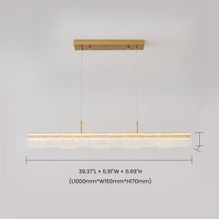 Diagram of a horizontal pendant light with a gold-colored ceiling mount, two suspension cables and overlapping clear, dotted rectangular panels, with dimension lines below and beside it.