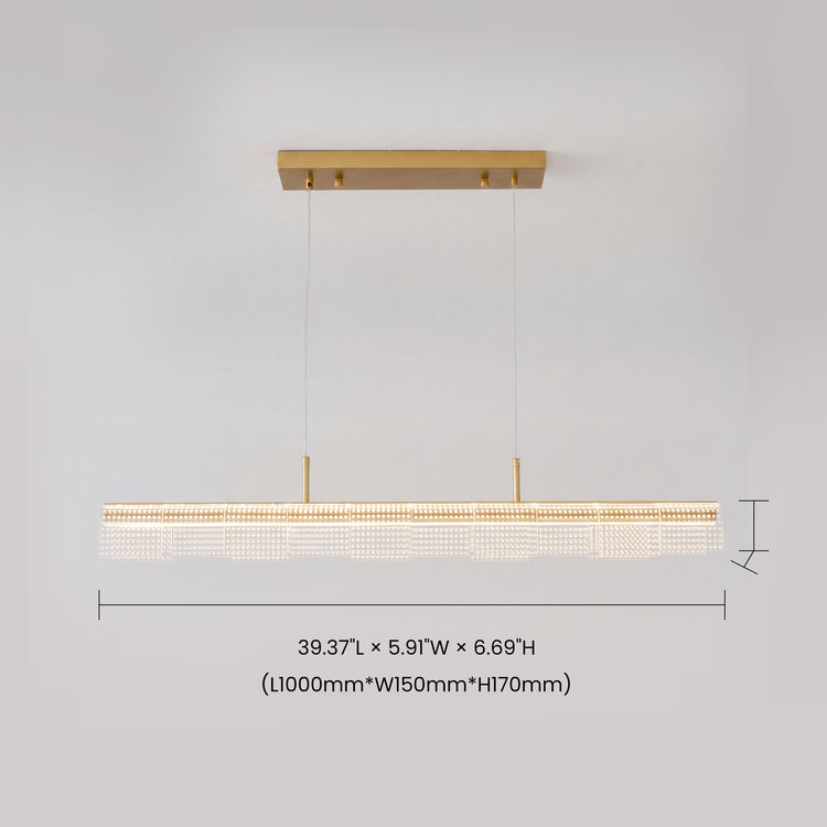 Diagram of a horizontal pendant light with a gold-colored ceiling mount, two suspension cables and overlapping clear, dotted rectangular panels, with dimension lines below and beside it.