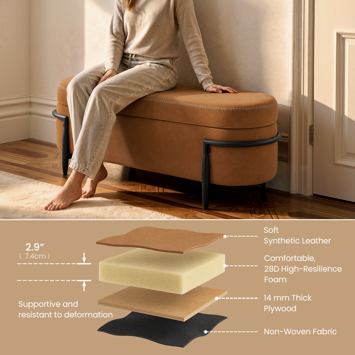 39" Storage Bench with Safety Hinge - 16.7 Gal Large Hidden Storage