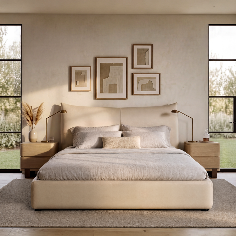 Beige upholstered bed with neutral bedding in a softly lit bedroom.
