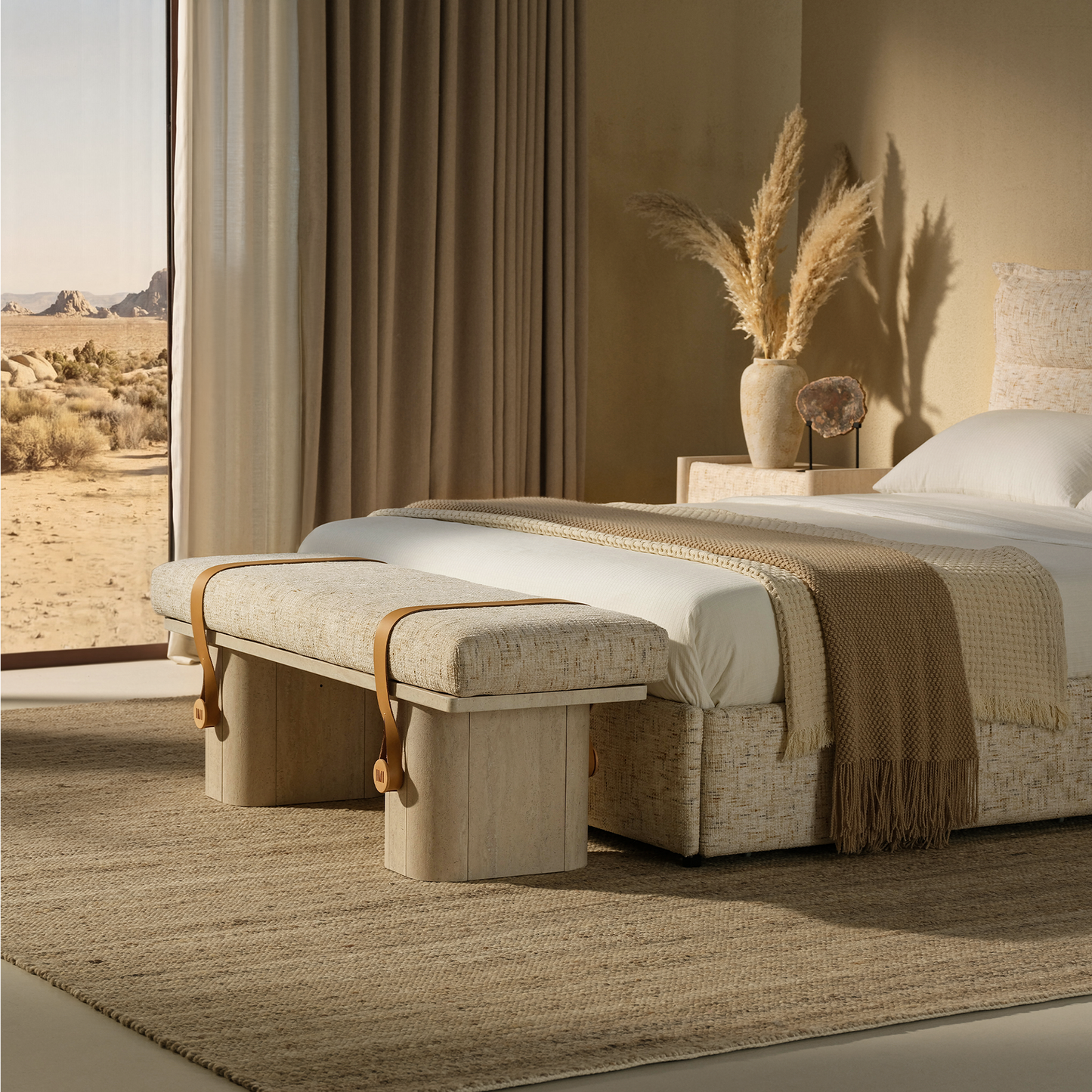 Freya Upholstered Bench, Sandstone Beige – Faux Travertine Base & Leather Accents