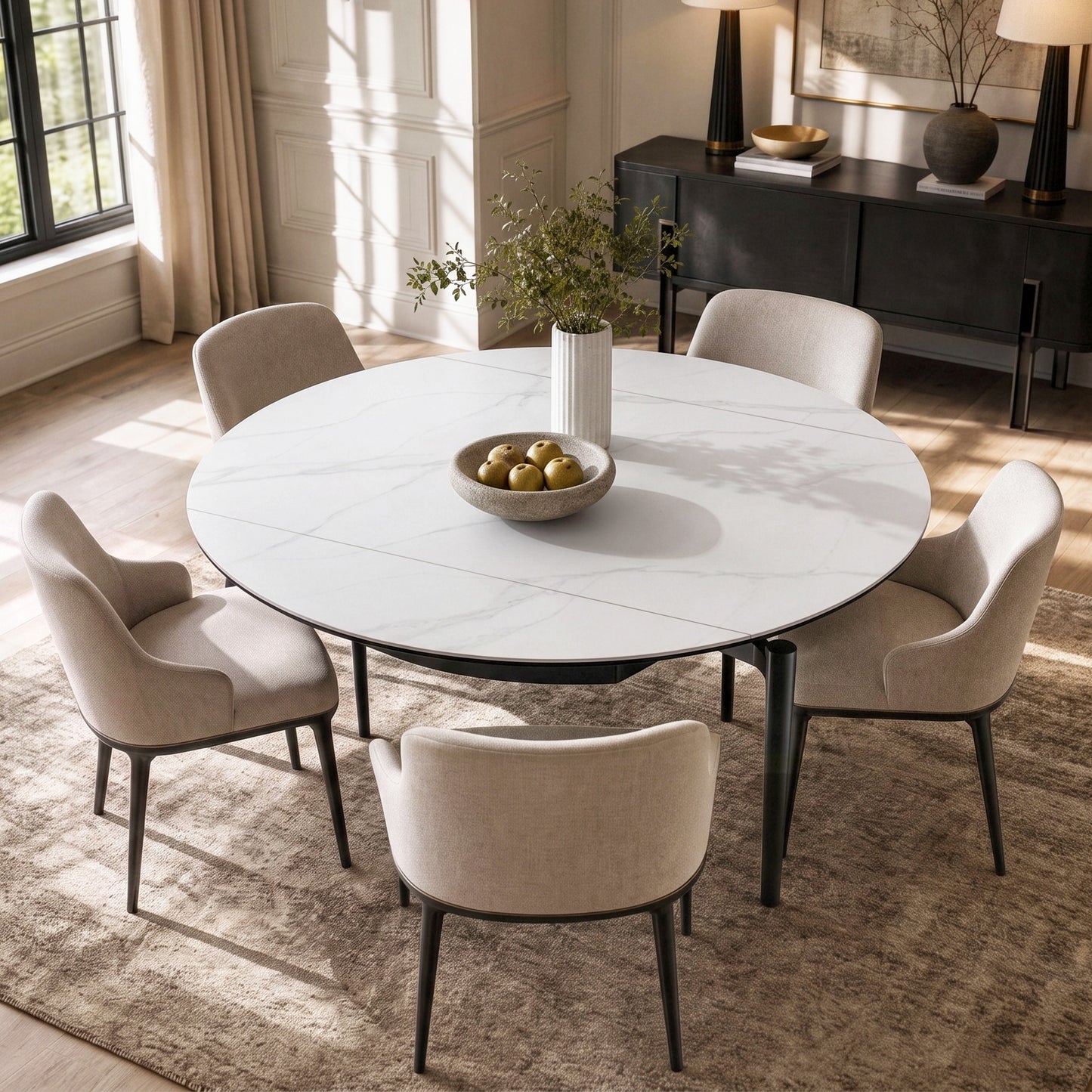 51.2" Round Sintered Stone Extendable Dining Table, Seats 4–6