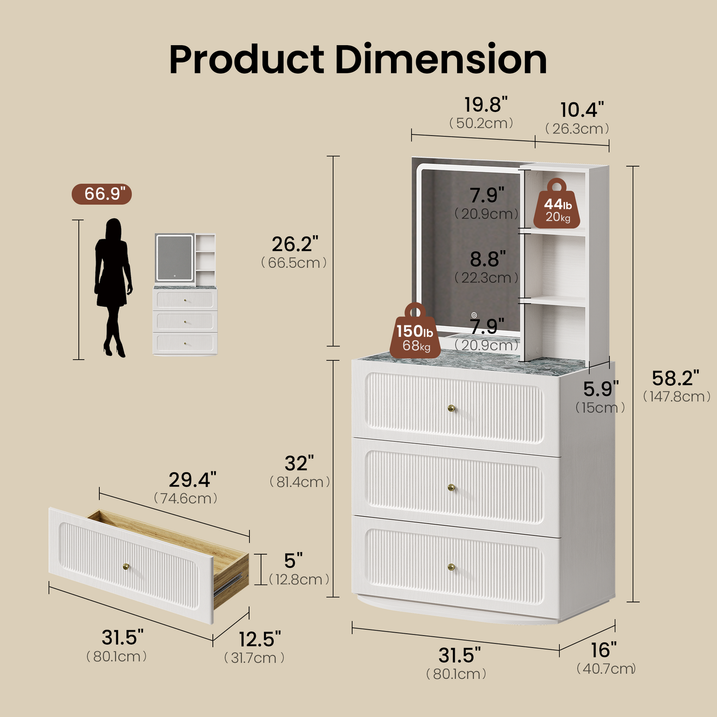 FlexMod 31.5" Modular Fluted 3-Drawer Vanity Dresser with 3-Color LED Mirror & Side Shelves