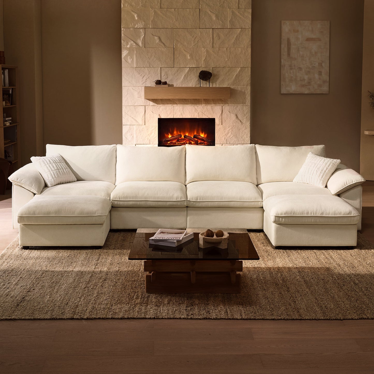 Dreamboat Modular Chenille U-Shape Sofa with Storage Ottoman,Beige