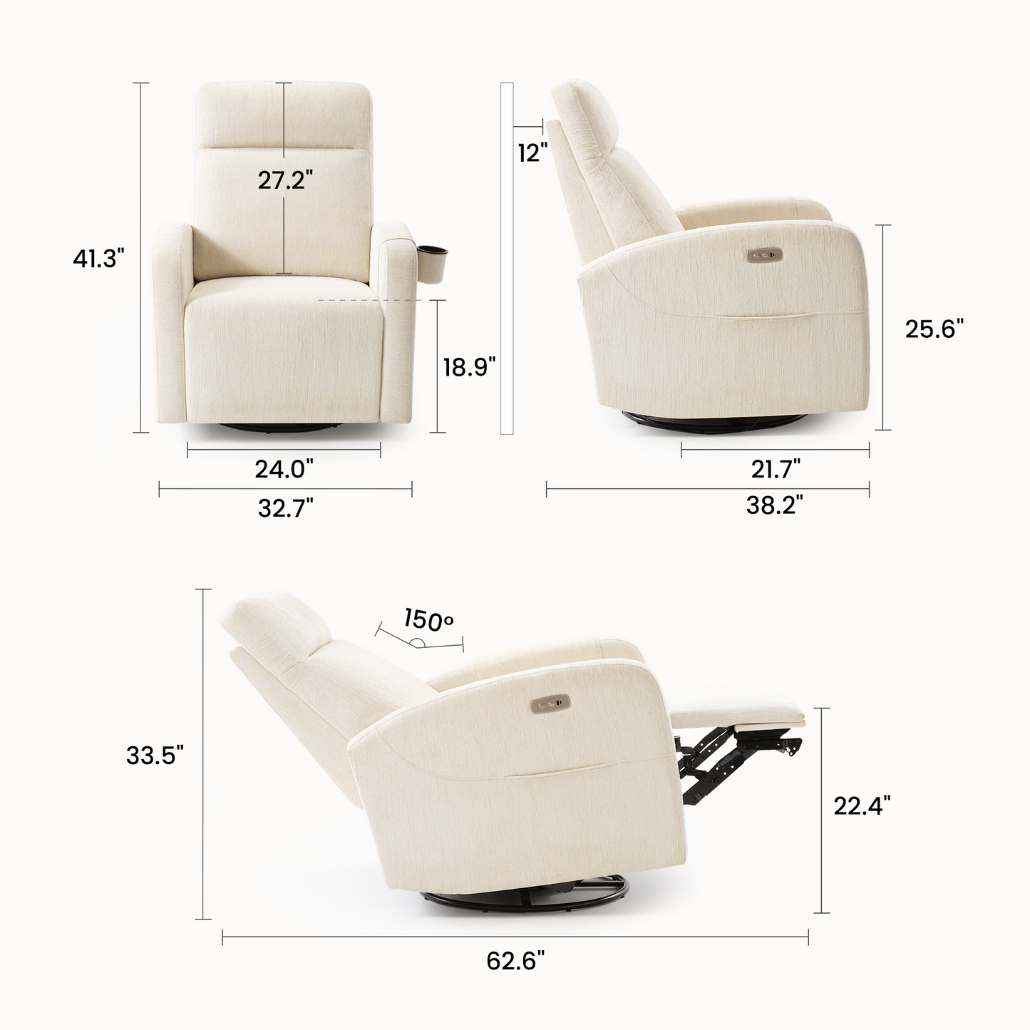 Nursery Power Swivel Glider Recliner with Adjustable Headrest & USB-C、Beige