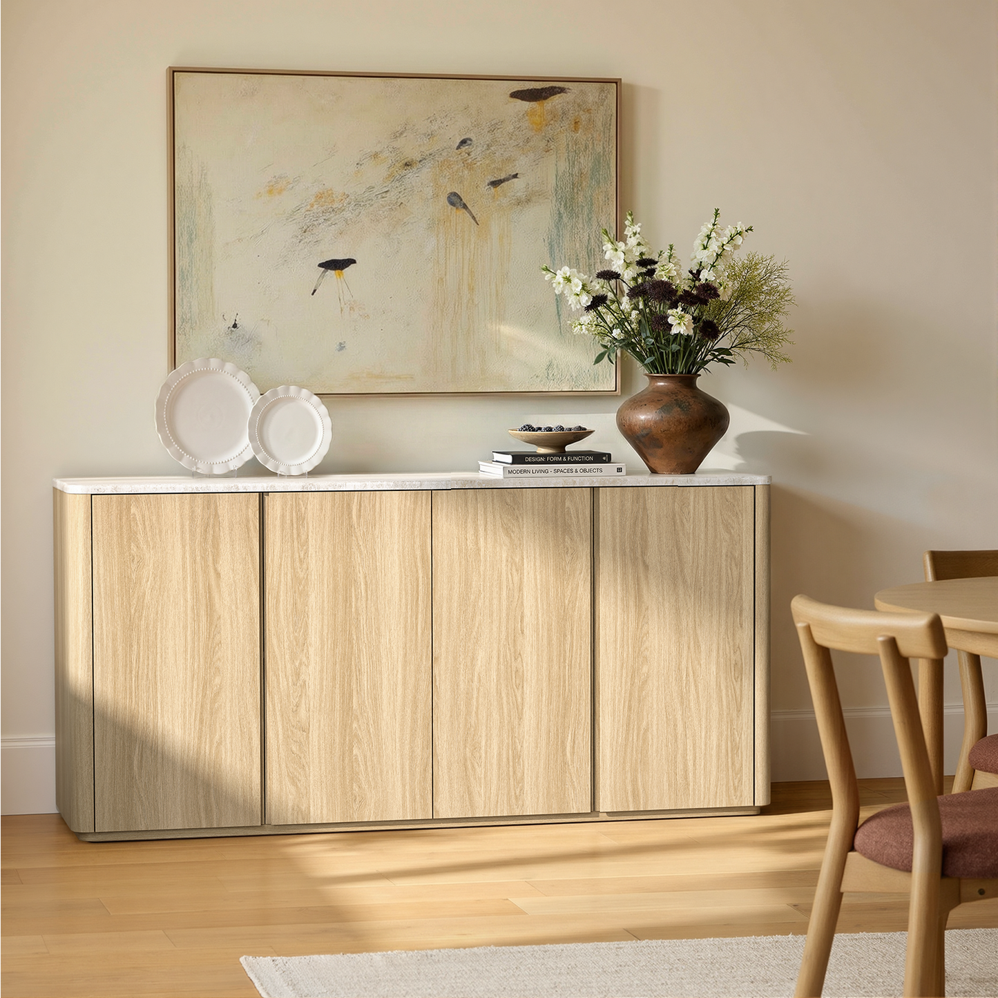 Travertine Wood 4-Door Handleless Soft-Close Sideboard