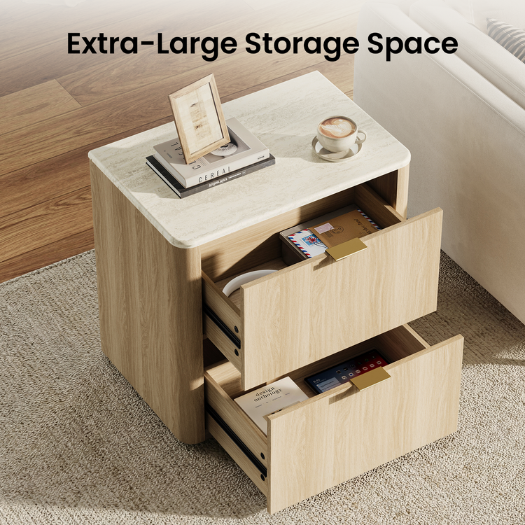Two drawers are shown open on a light wood cabinet