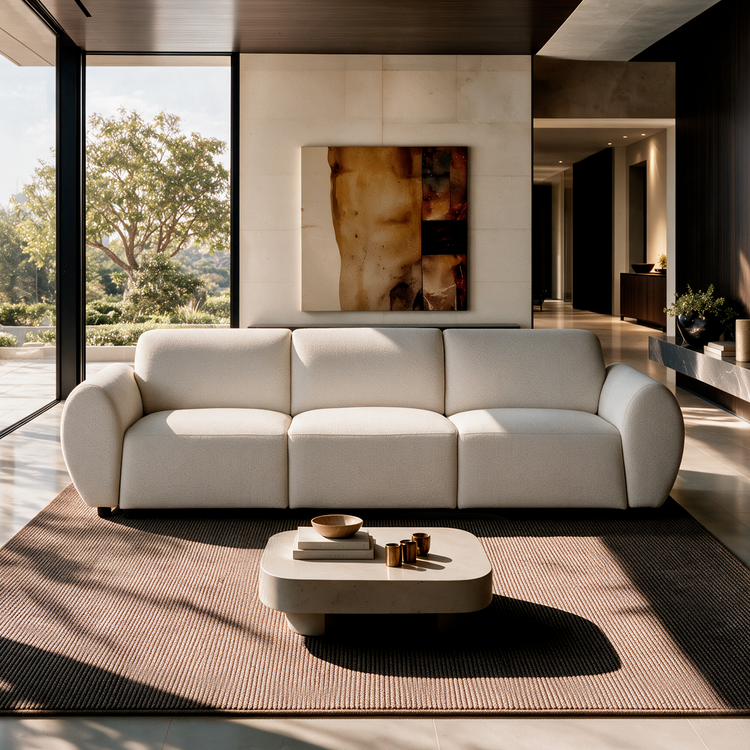 Cream three-seat sofa with rounded arms in a sunlit living room, with a low coffee table, brown rug, abstract wall art and tall windows overlooking trees.