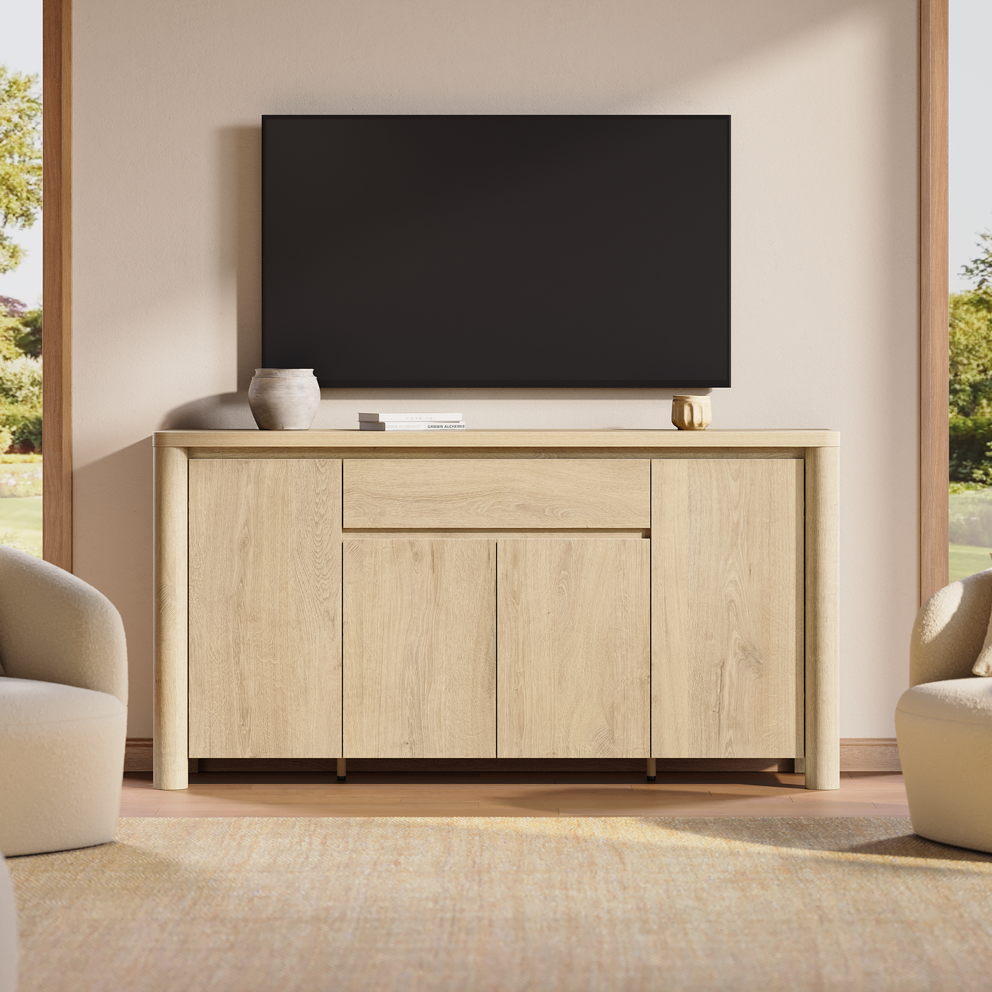 63" Sideboard Cabinet with Thick Top, Rounded Corners & Legs