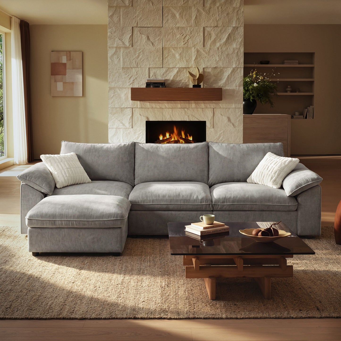 Dreamboat Modular Chenille L-Shape Sofa with Storage Ottoman,Gray