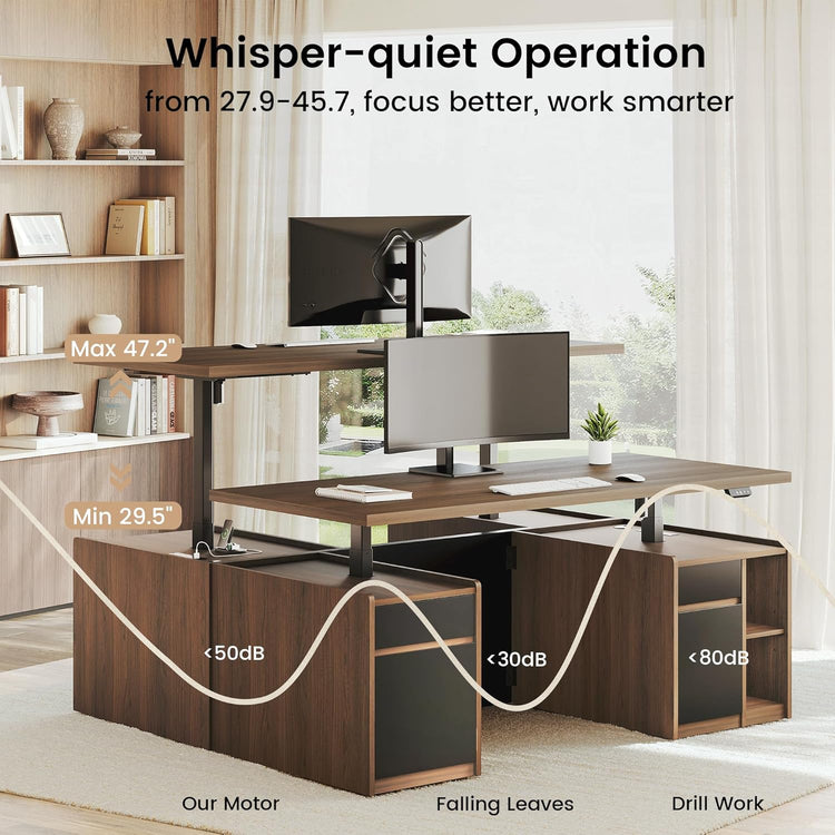 A desk is shown at two heights with two monitors and a sound-level comparison graphic