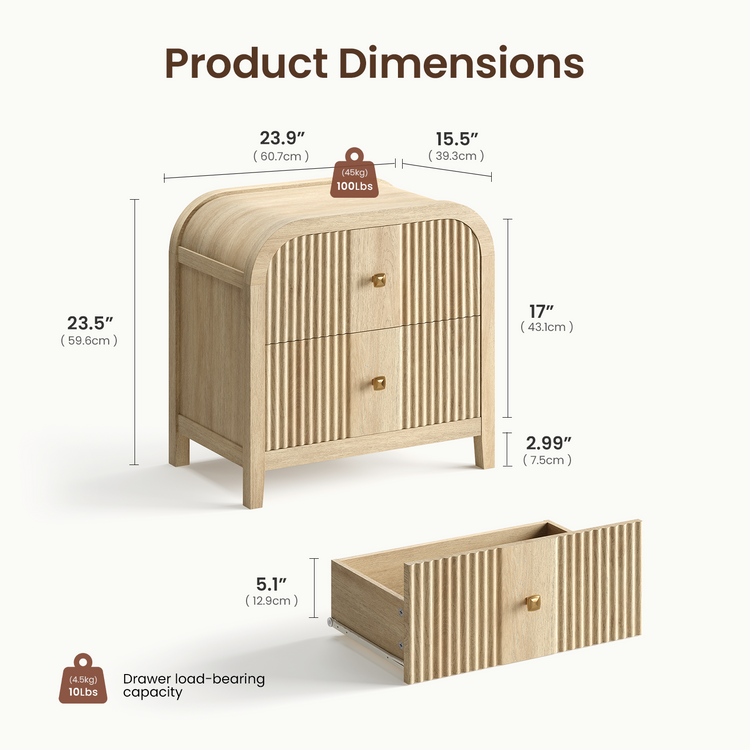 [Pre-Sale] 23.9" Natural Wood 2-Drawer Nightstand with Fluted Front,Set of 2