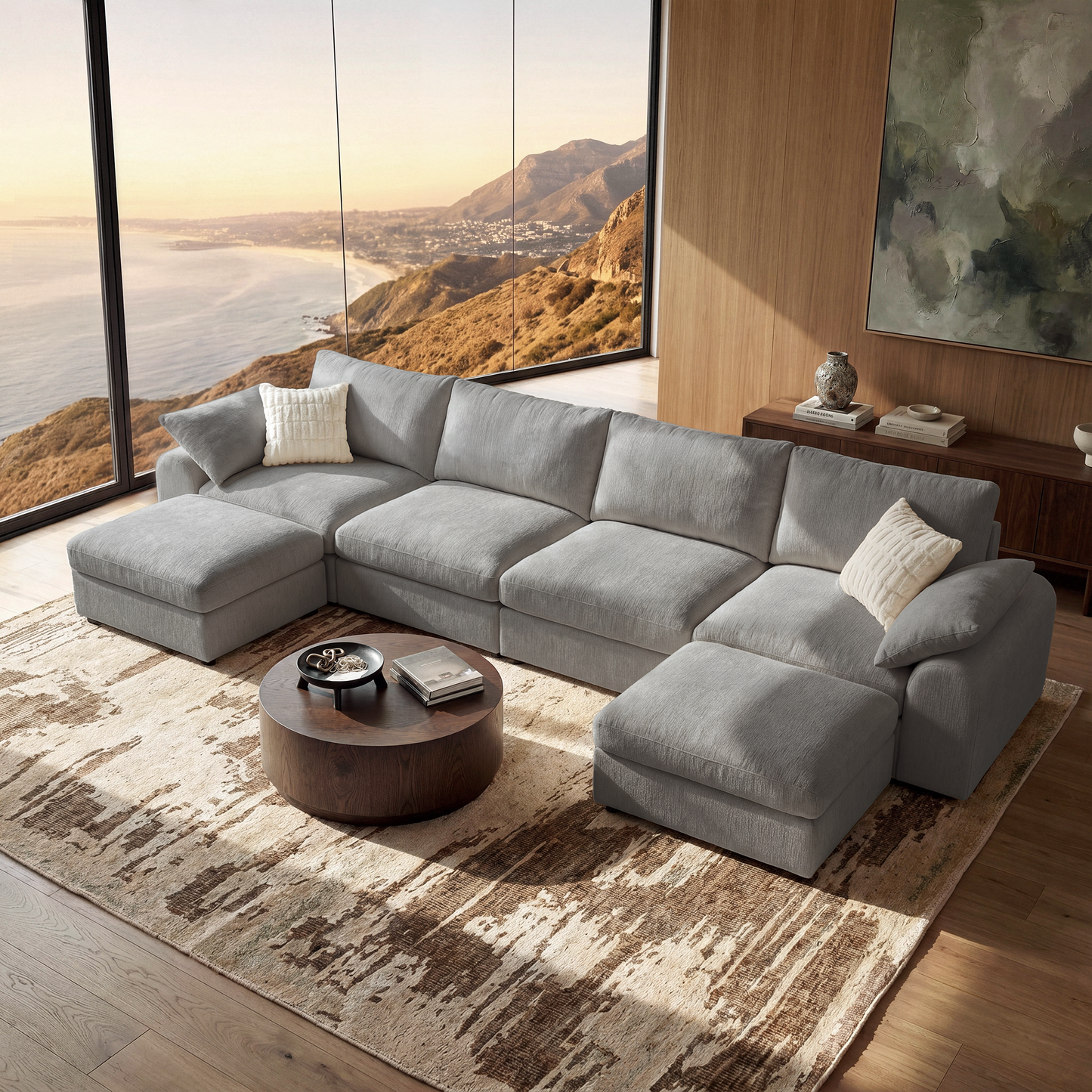 Rialto Modular Chenille U-Shape Sofa with Storage Ottoman,Gray