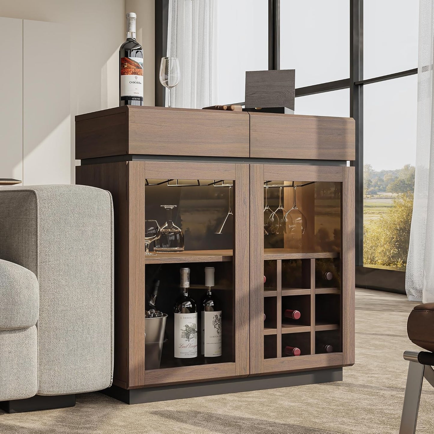 Whisper Series Coffee Bar Cabinet with LED, Charging & Wine Rack, Walnut