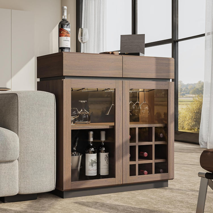 Whisper Series 33.6" Coffee Bar Cabinet with LED, Charging & Wine Rack, Walnut