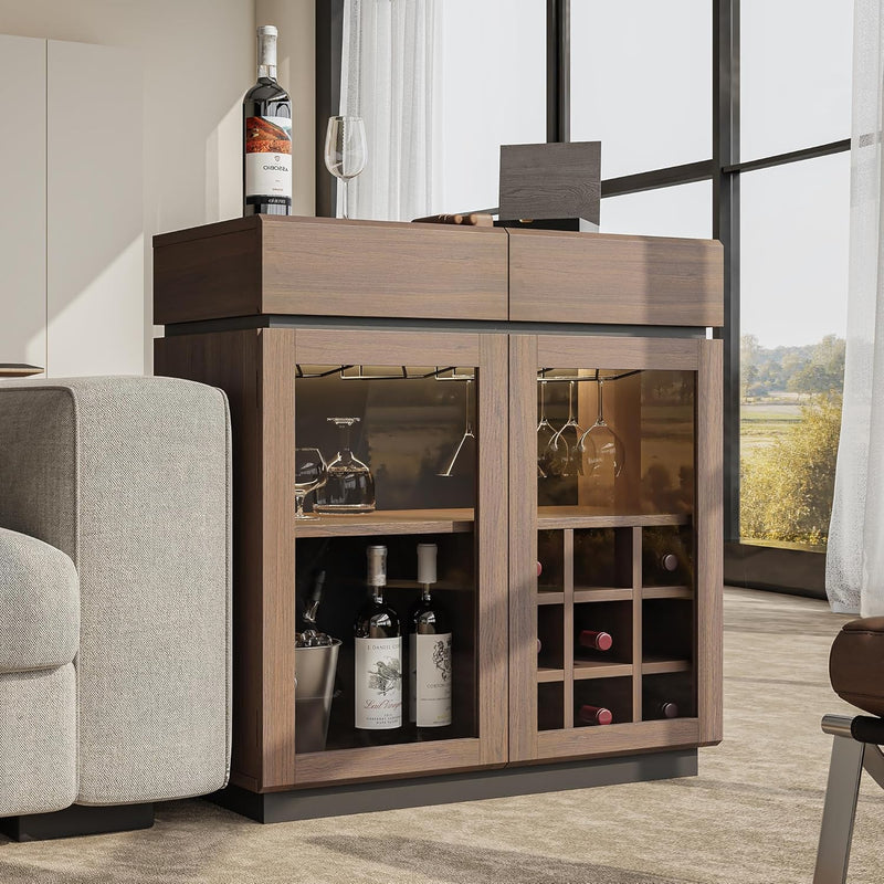 Whisper Series Coffee Bar Cabinet with LED, Charging & Wine Rack, Walnut
