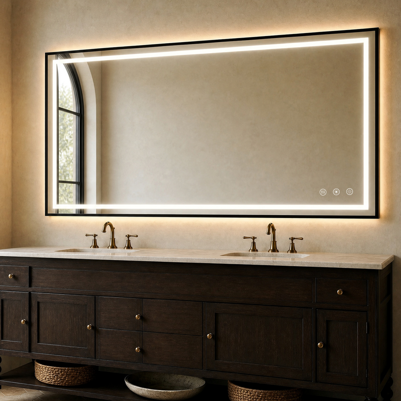 Black-framed illuminated mirror installed above a dark wood double vanity.