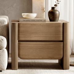 Front lifestyle view shows two wide drawers framed by rounded vertical posts