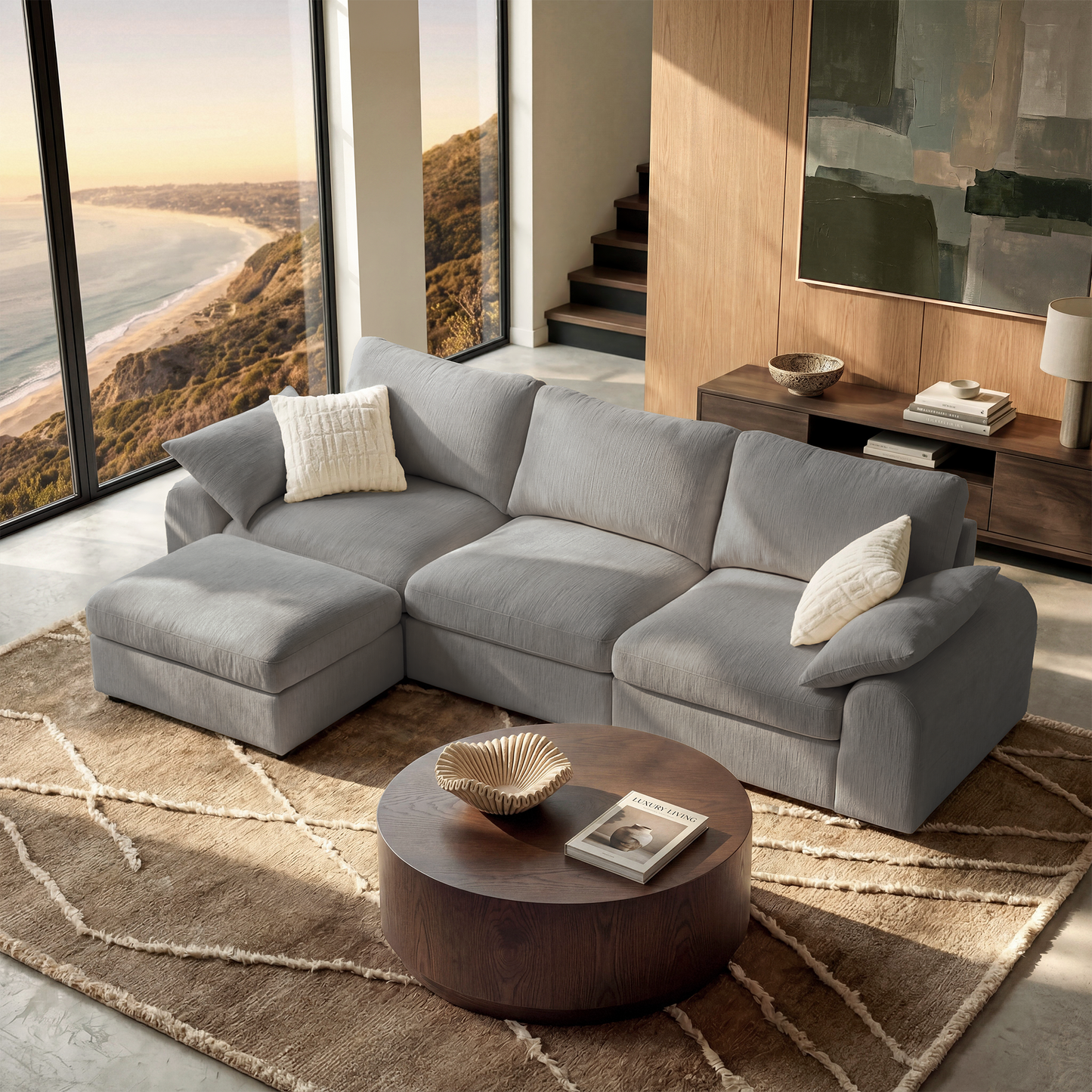 Rialto Modular Chenille L-Shape Sofa with Storage Ottoman,Gray