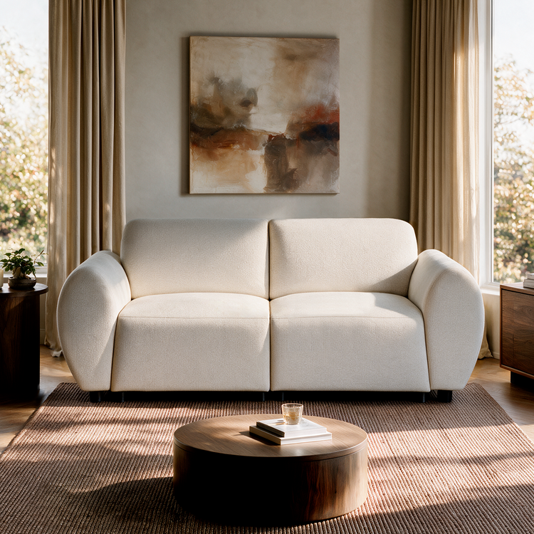 Cream-colored sofa with two seats and rounded arms beneath an abstract painting, with beige curtains, a brown rug and a round coffee table in front.