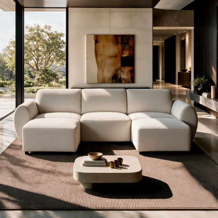 Cream sofa with rounded arms and two extended end seats in a sunlit living room with a low coffee table, textured rug, abstract wall art and floor-to-ceiling windows.