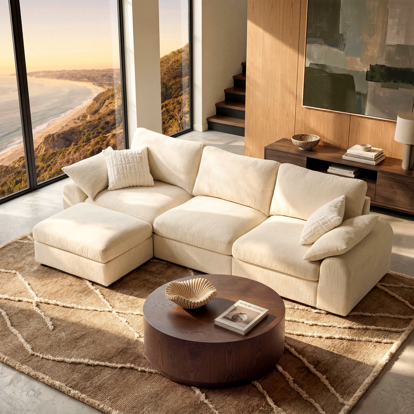 Rialto Modular Chenille L-Shape Sofa with Storage Ottoman,Beige