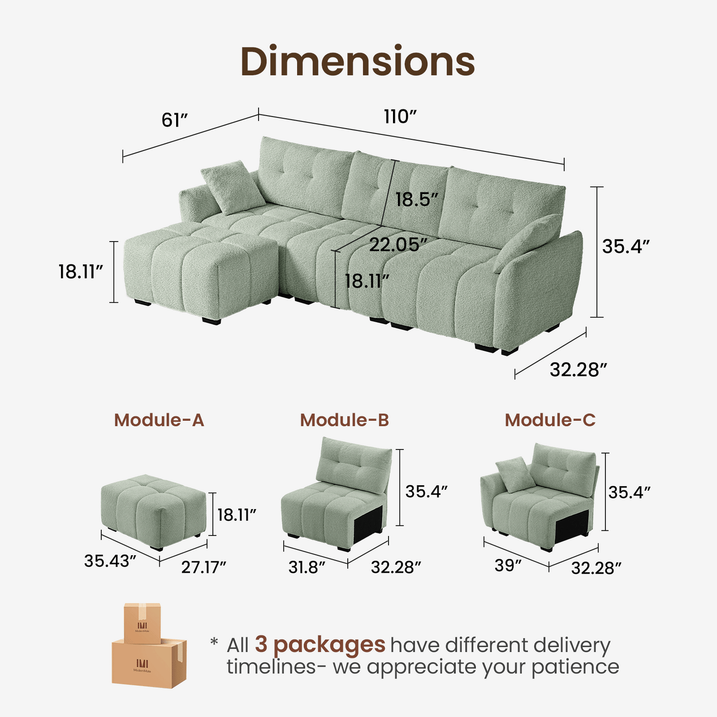 Ivy 3-Seat Clover Sectional Sofa