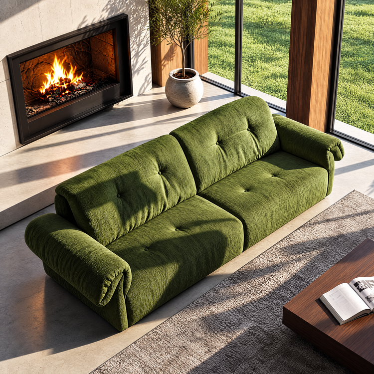 112.2" Cloud Sofa, Modern Italian Chenille Couch with Pillow Arms, Deep Seats & Down-Blend Cushions, Olive Green