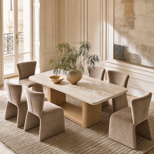 A rectangular dining table surrounded by upholstered chairs, with a leafy plant and bowl on top in a bright paneled room.