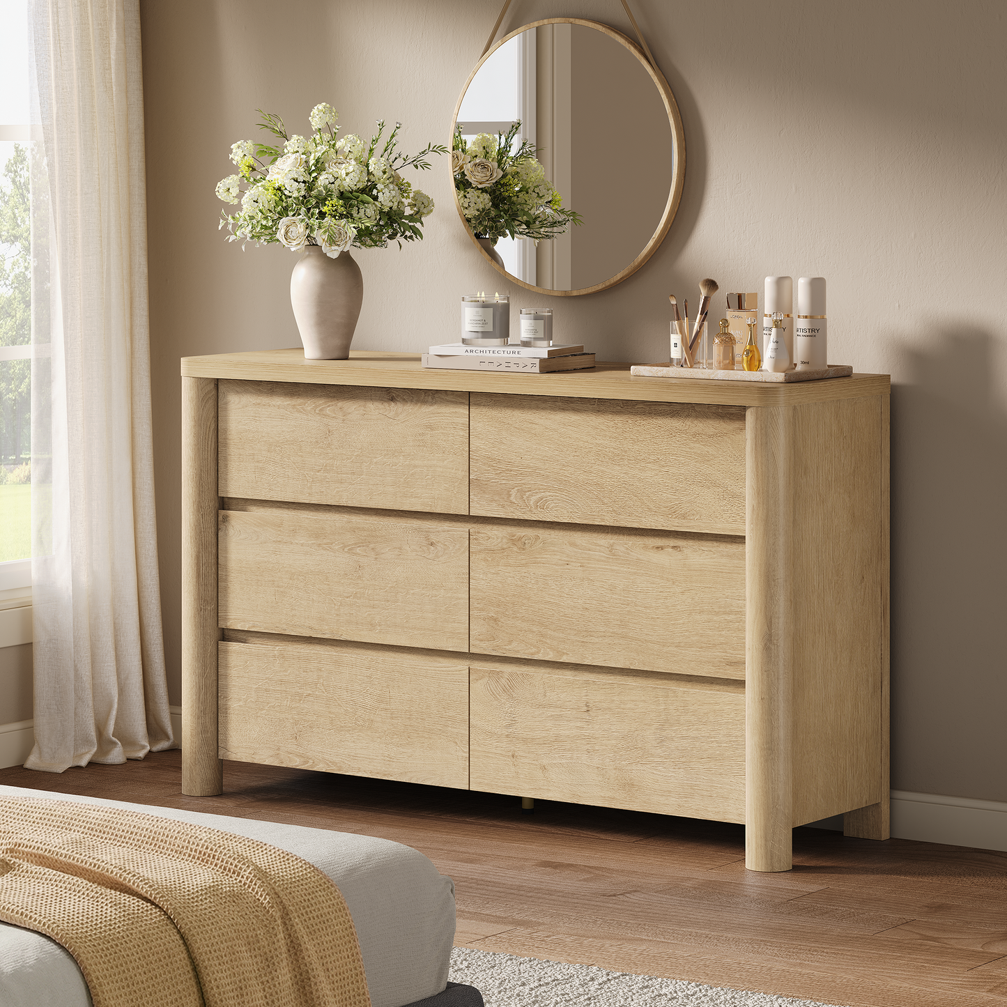 [Pre Sale] 52.8" Natural Wood Rounded 6 Drawer Dresser