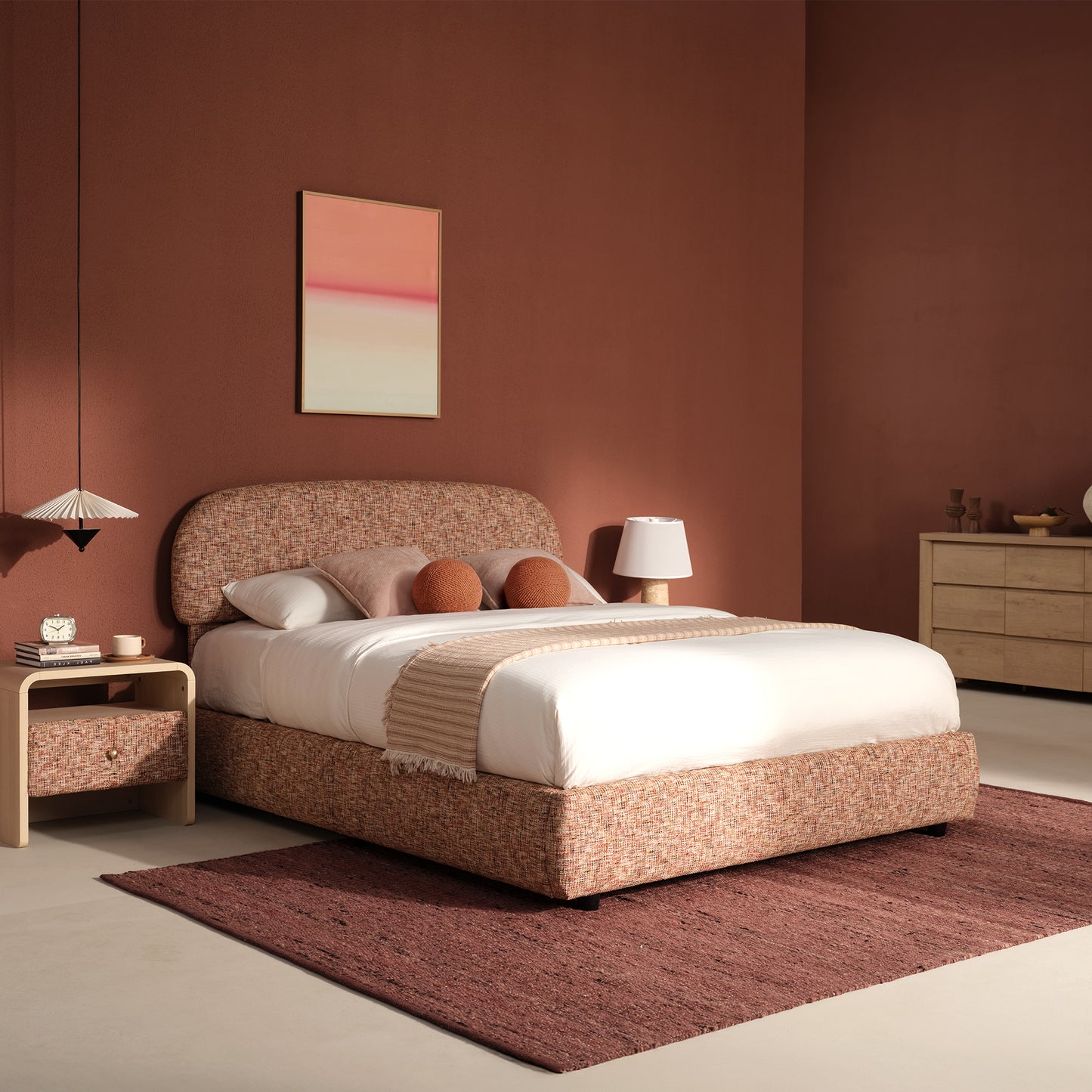 Dione Queen Lift-Up Storage Bed Frame with Curved Headboard, Canyon Dawn Red