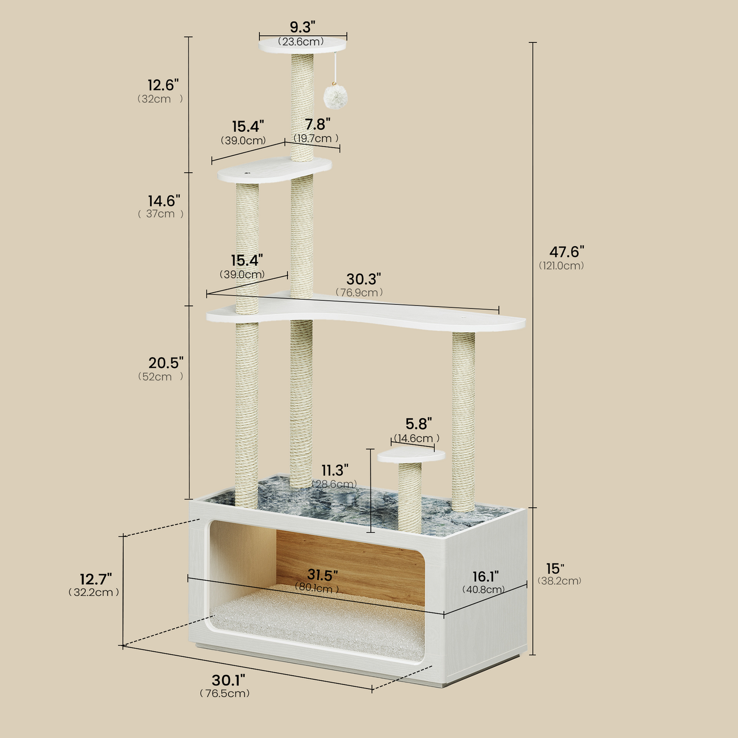 FlexMod 62.1" Modular Cat Tree with Cozy Cat House, Sisal Posts