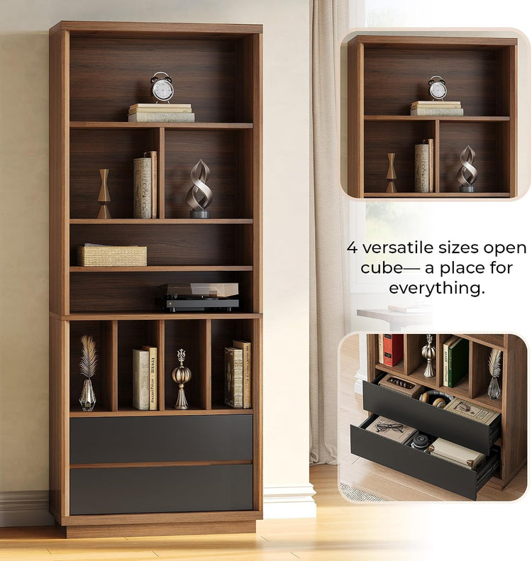 Librería de 78.7" de altura, estantería moderna de madera para exhibición con 9 cubos de almacenamiento abiertos