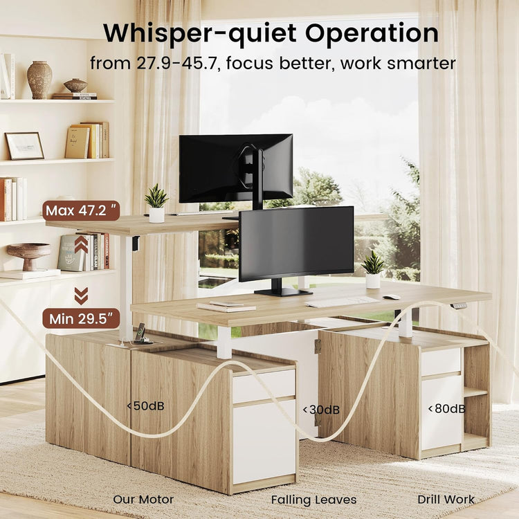 Two wood-toned standing desks are shown at raised and lowered heights with monitors
